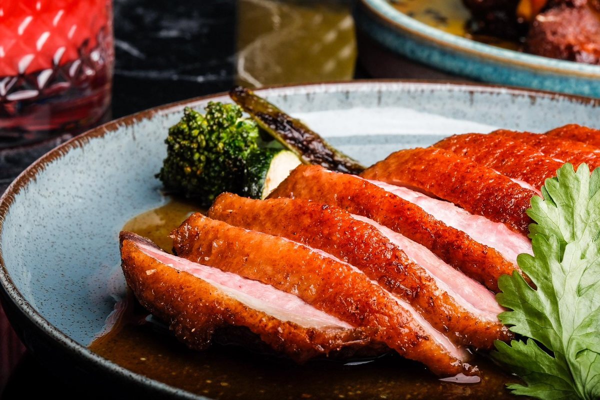 Sliced grilled duck fillet in sauce